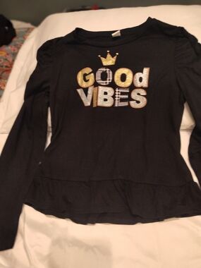 Betsey Johnson Black Long Sleeve 'Good Vibes' Graphic Top with Metallic Accents
